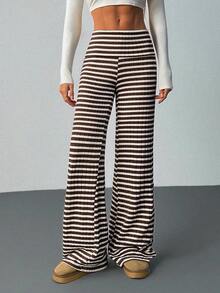 SHEIN Tall Women's Folded Waist Sports Casual Pants Striped Flared Pants Brown Striped Pants Knit Pants Pattern Pants Wide Leg Pants Ribbed Pants Striped Palazzo Pants Wide Leg Striped Pants Palazzo Pants Women,Fall - Coffee Brown - View 3