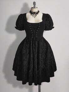 SHEIN ICON Plus Size Vintage Y2K Floral Jacquard Puff Sleeve Ruffle Hem Midi Dress - Black - View 1