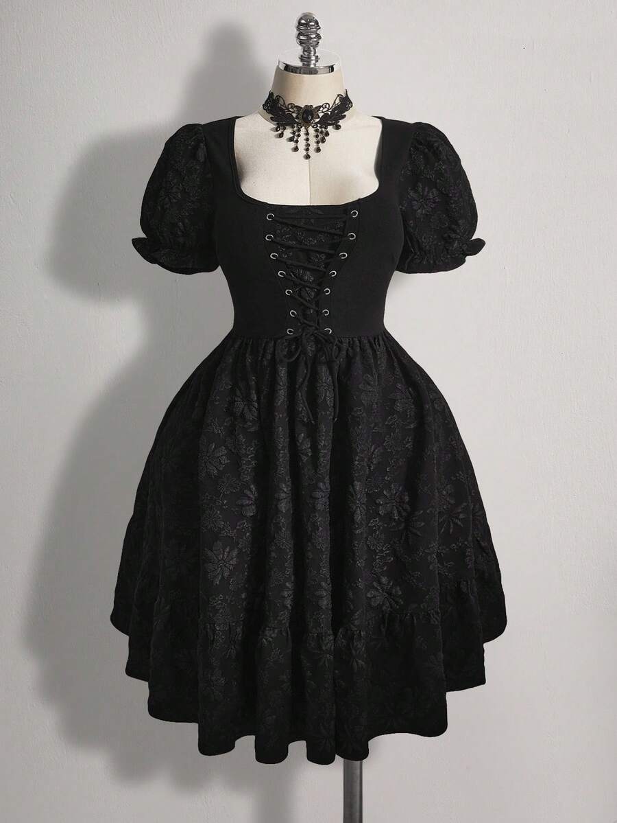 SHEIN ICON Plus Size Vintage Y2K Floral Jacquard Puff Sleeve Ruffle Hem Midi Dress - Black - View 1