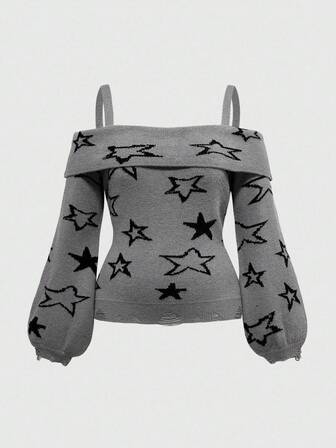 Grunge Punk Y2K Punk Retro Off Shoulder Star Pattern Plus Size Women Pullover Sweater/Winter