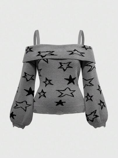 Grunge Punk Y2K Punk Retro Off Shoulder Star Pattern Plus Size Women Pullover Sweater/Winter