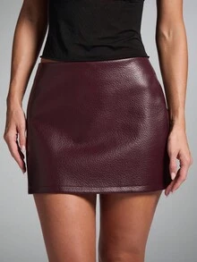 SHEIN BAE 女士纯色低腰迷你裙，适合通勤 - 酒紅色 - 查看 5