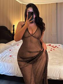 Dazy Plus Mesh Sheer Long Camisole Lingerie - Champagne - View 5