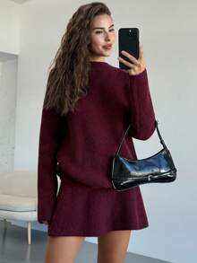 Aloruh Soft Ribbed Knit Two Pieces Set, Mock Neck Long Sleeve Sweater & Mini Skirt Casual Spring Outfits For Women - Burgundy - View 7