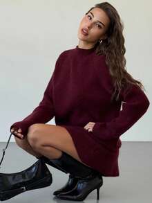 Aloruh Soft Ribbed Knit Two Pieces Set, Mock Neck Long Sleeve Sweater & Mini Skirt Casual Spring Outfits For Women - Burgundy - View 2