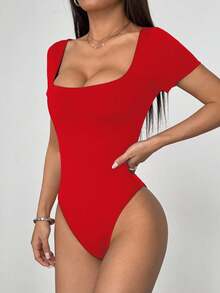 Flirla Women's Solid Color Slim Fit Minimalist Square Neck Short Sleeve Bodysuit, Versatile For Daily Commute - Red - View 4