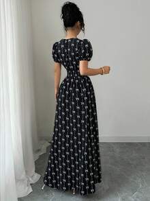 Elenzga Đầm dài tay bồng eo co giãn thanh lịch dành cho nữ mùa hè, đầm maxi. Dành cho mùa xuân/hè, trang phục dự tiệc cho nữ, trang phục thanh lịch, phù hợp để đi làm hàng ngày, lễ hội âm nhạc, trang phục ngày lễ - màu đen - Xem 2