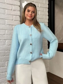 EURMUSE Áo len cardigan nút trái tim sợi mềm màu xanh dành cho nữ - Màu xanh lam - Xem 3