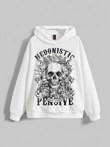 ROMWE Grunge Punk Sudadera holgada con estampado total blanco con calavera punk, eslogan y rosa enredadera para mujer