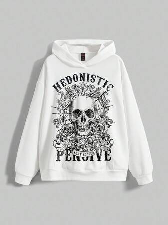 Grunge Punk Sudadera holgada con estampado total blanco con calavera punk, eslogan y rosa enredadera para mujer