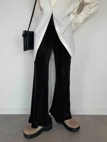 FRIFUL Women's Black Solid Color Elastic Waist Velvet Flare Leg Pants With Frill Trim Decoration, Autumn Ladies - Black - View 2