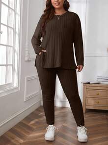 SHEIN Cottnline Plus Size Comfortable Knit Ribbed 2 Pieces Set - Brown - View 4