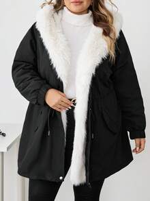 SHEIN CURVE+ 大码冬季服装蓬松拼接连帽长袖加厚棉服 - 黑與白 - 查看 4