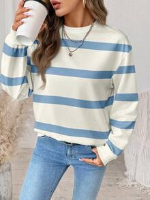 SHEIN LUNE Casual Minimalist Printed Pattern Crew Neck Loose Fit Women Sweatshirt,Fall Blue And White Striped Striped Sweater Striped Long Sleeve Fall Clothes For Women Winter Clothes Women - Multicolor - View 4