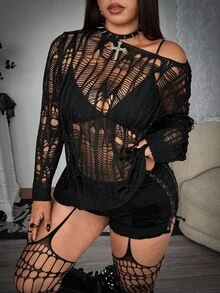 Whyspr Plus Grunge Punk Halloween Lightweight Punk Style Spider Web Hollow Out Classic Versatile Dumbbell Pullover Long Sleeve Sweater Knit Pullover Fall Winter Autumn