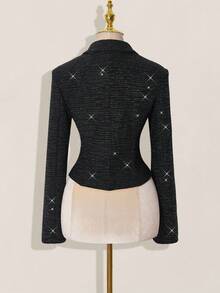 SHEIN ICON Women's Slim Fit Shiny Fabric PU Collar Patchwork Blazer Jacket In Fall/Winter - Black - View 2