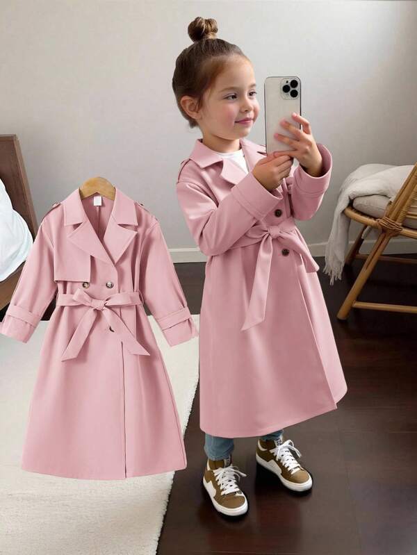 SHEIN Kleine Mädchen Locker geschnittene, doppelreihige Jacke im französischen Stil mit Kragen, Parka, Trenchcoat, im lässigen Militärstil, geeignet für den Weg zur Arbeit und Outdoor-Aktivitäten, für Frühling/Sommer/Herbst/Winter, Y2K-Outfits für Mädchen, Metalljacke für Mädchen, Y2K-Outfits für Mädchen, Y2K-Jacke, Silberjacke, Outfits, für Halloween, Schulanfang, passend zu Mutter & Schwester