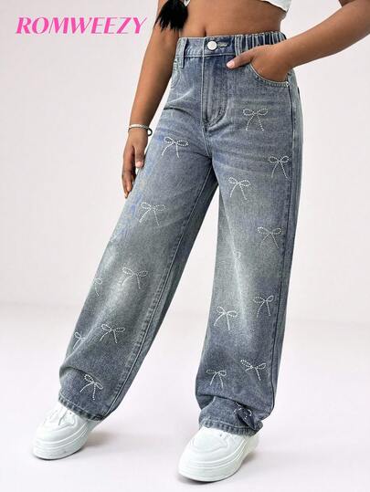 Tween Girls Vintage Distressed Flare Jeans With Butterfly Rhinestone Decor, Fashion Casual Washed Denim Pants