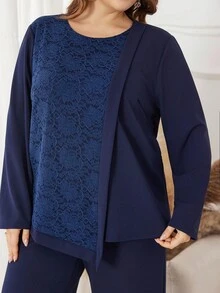 Lacomfia 2pcs Set Contrast Lace + Asymmetric Design Elegant Elegant Outfit, Navy Blue - Navy Blue - View 6