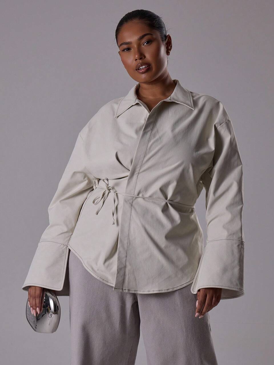 Curve Long Flare Sleeve Cinched Waist Asymmetric Shirt Top,Grey Autumn Elegant Office Vacation Party Spring Summer Fitted Classy Coolgirl Casual