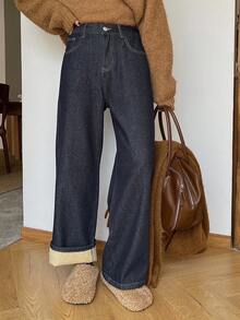 DAZY 女士高腰直筒保暖深蓝色牛仔裤，秋冬季保暖款 - 藏蓝色 - 查看 2