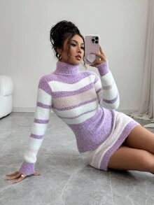 Elenzga Váy ôm sát cổ cao cổ kẻ sọc chắp vá bằng lông chồn dành cho nữ - Nhiều màu - Xem 5