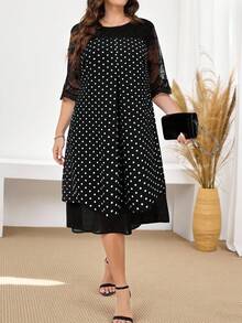 Miaspire Plus Size Round Neck Polka Dot Lace Splice Summer Elegant Dress