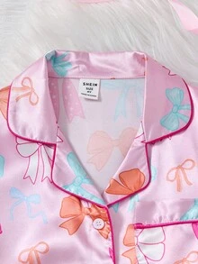 2 件套年轻女孩粉色府绸蝴蝶结印花上衣和裤子套装，休闲家居服儿童夏装套装儿童服装套装女童夏装套装小女孩服装套装儿童服装套装假日旅行休闲夏装