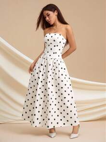 SHEIN PETITE 优雅公主风白色波点长裙，露肩休闲派对连衣裙，升级版适合娇小女性 - 白色 - 查看 5