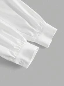 SHEIN MOD 大码纯色褶腰长袖衬衫\女士优雅纯色褶腰长袖衬衫、秋季上衣、女式工作上衣 - 白色 - 查看 5