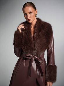 SHEIN BAE Women's Autumn Burgundy PU Leather Patchwork Faux Fur Collar Luxury European & American Style Long Elegant Cinched Waist Coat For Women, Autumn/Winter, Long Burgundy Coat,Winter Clothes For Women - Coffee Brown - View 4