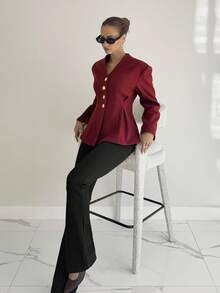 Siren Gaze Women's Solid Color Long Sleeve Single-Breasted Waist Cinched Elegant Jacket, Autumn/Winter Christmas New Year Red Burgundy - Burgundy - View 5