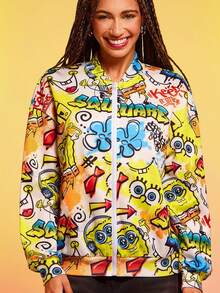SpongeBob SquarePants | SHEIN Chaqueta casual de manga larga con cremallera y estampado de dibujos animados para mujer - Amarillo - Ver 2