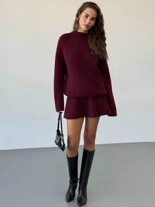 Aloruh Soft Ribbed Knit Two Pieces Set, Mock Neck Long Sleeve Sweater & Mini Skirt Casual Spring Outfits For Women - Burgundy - View 4