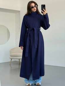 Aloruh 女士纯色立领长袖系带休闲外套，秋冬款 - 藏蓝色 - 查看 4