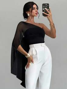 Firerie Women's Elegant Casual Vacation Daily Fashion Versatile White Asymmetric Neck Mesh Patchwork Asymmetrical Tie Fitted Blouse, Summer,Black Tops - Black - View 6