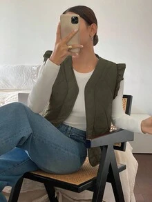 Siren Gaze Veste sans manches décontractée à col ouvert de couleur unie pour femmes, hiver - Militaire verte - Voir 3