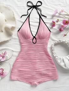 Soleia 女士休闲度假新款 V 领露背系带蝴蝶结镂空黑白撞色修身罗纹连体裤，适合派对、约会、下午茶、海滩