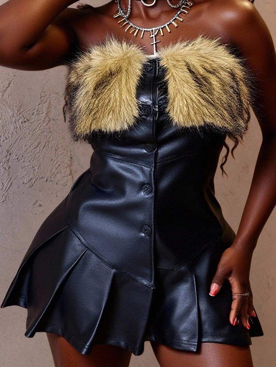 Slaydiva Autumn Women's Black PU Summer Tube Top, 70s Y2K Chic Patchwork Furry Collar Buttoned Neckline Asymmetric Hem, Viral Style Club Party Birthday - Black - View 1