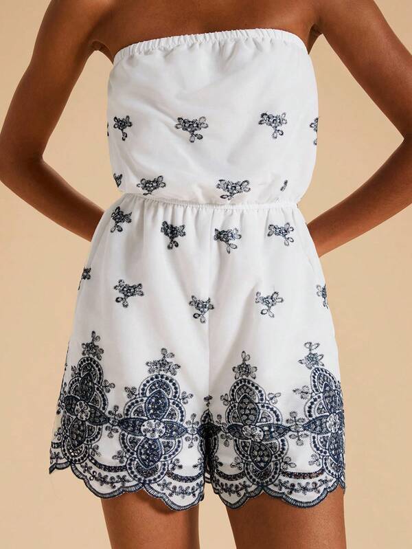 Travachic Women's Summer Casual Vacation Woven Bandeau Jumpsuit Embroidered Romper,Fall Clothes, Christmas Party, New Year, Wedding Guest Outfits, Elegant Graduation, Luxury Prom Outfits, Casual Outfits, Tube Top Romper