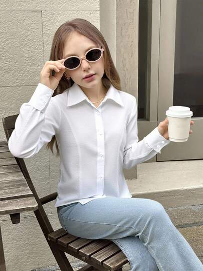 SHEIN Tween 女童休闲轻质纹理面料纽扣衬衫，带领和荷叶边下摆，适合夏季和秋季日常穿着