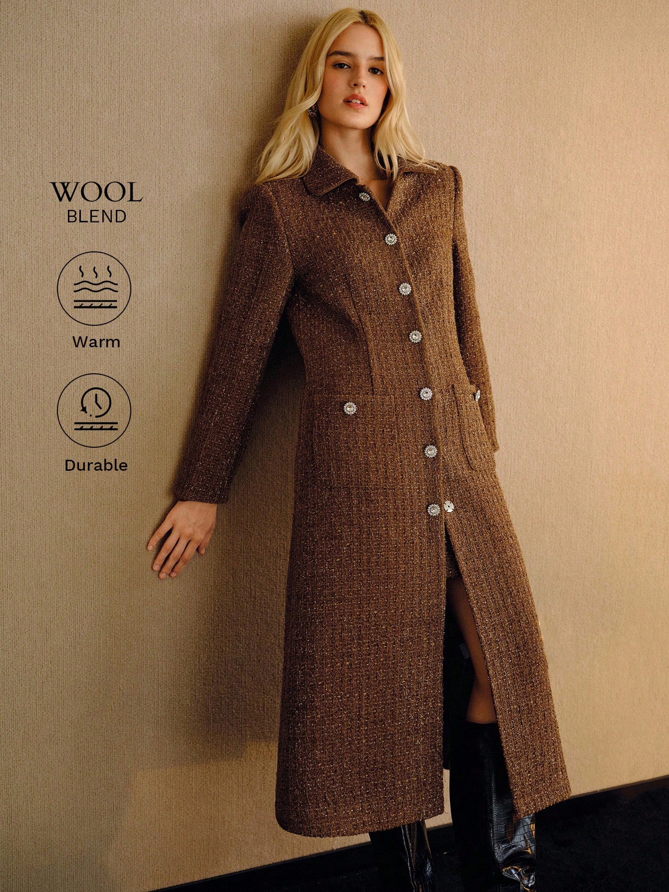 MOTF PREMIUM معطف صوفي بني اللون للنساء، شتوي