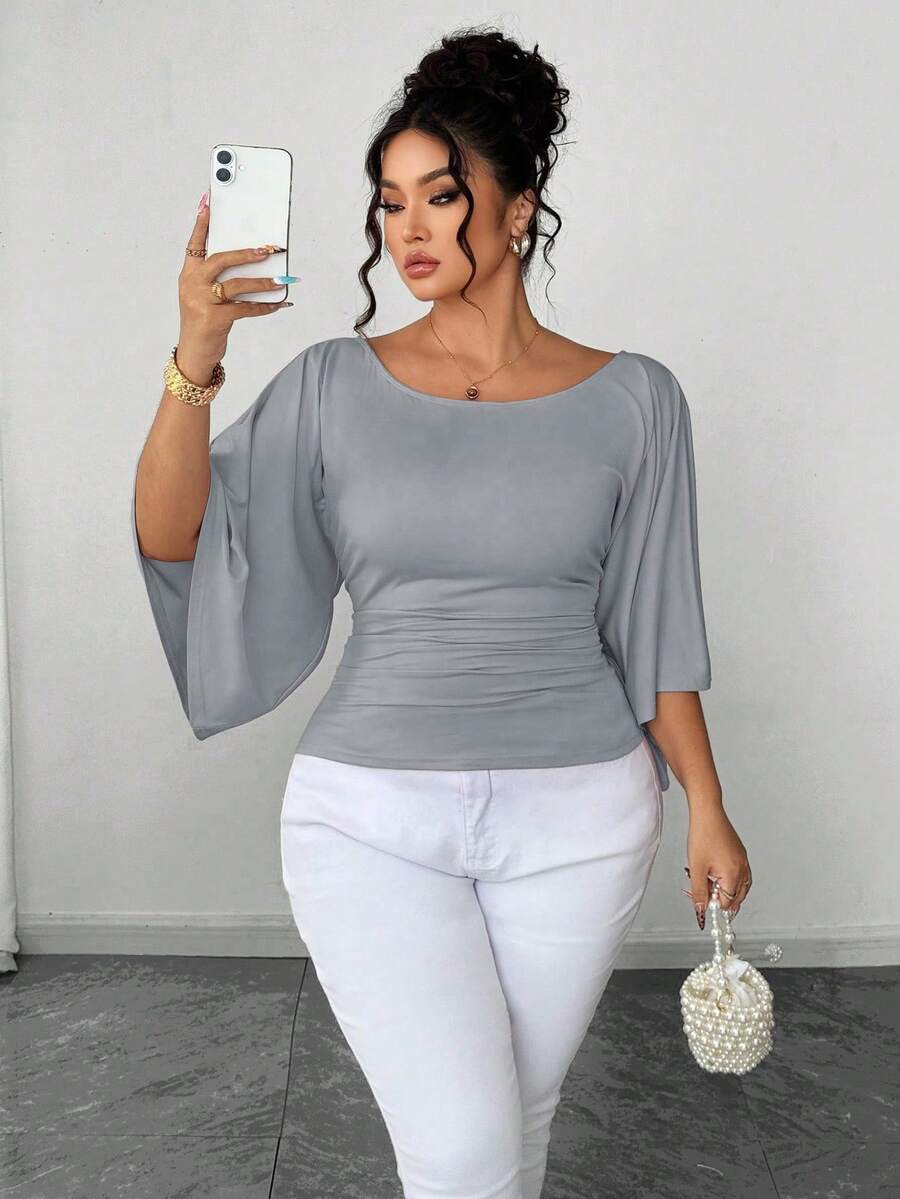 SHEIN Elenzya Áo thun cổ tròn tay chuông dệt kim co giãn cao cỡ lớn màu trơn thanh lịch dành cho nữ - Xám - Xem 1