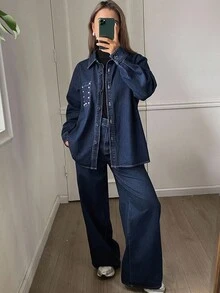 Livesso 2pcs Women Casual Loose Distressed Denim Shirt And Pants Set, Autumn/Winter - Blue - View 3