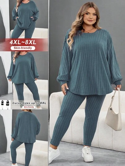 SHEIN CURVE+ 2pcs Plus Size Women Set, Drop Shoulder Long Sleeve Ribbed T-Shirt And Pants/Autumn /Winter