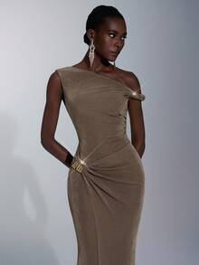 Elitara Elegant, Romantic, Sexy, Minimalist, Khaki Color, Knitted Stretchy Fabric, Metal Buckle, Twist Knot, Fishtail Hem, Fashionable, Influencer Style, Holiday, Vacation, Birthday Party, Wedding Event, Bridesmaid Dress