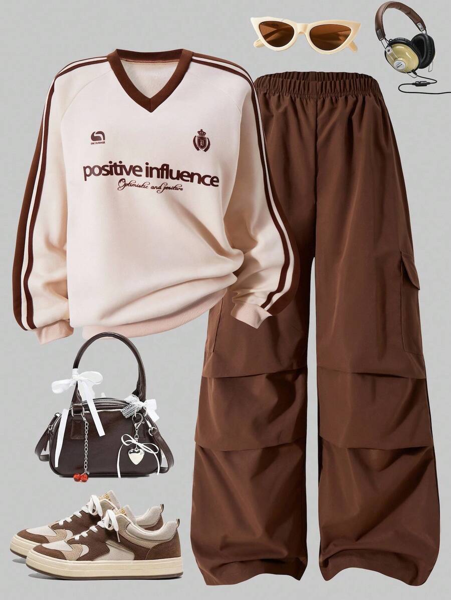 2pcs/Set Teenage Girls Casual Fashion Vacation Streetwear V-Neck Raglan Sweatshirt And Wide Leg Cargo Pants, Autumn/Winter Fall