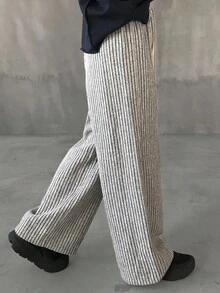 FRIFUL Women's Striped Fabric Elastic Waist Drawstring Straight Leg Loose Casual Pants, Versatile, Autumn - Grey - View 4