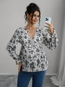 Momance Maternity Casual Ditsy Floral Shirt, Autumn - Black and White - View 6