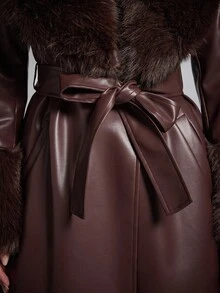SHEIN BAE Women's Autumn Burgundy PU Leather Patchwork Faux Fur Collar Luxury European & American Style Long Elegant Cinched Waist Coat For Women, Autumn/Winter, Long Burgundy Coat,Winter Clothes For Women - Coffee Brown - View 3